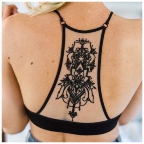 Black Boho Floral Mesh Racerback Bralette Seamless - Picture 6 of 7